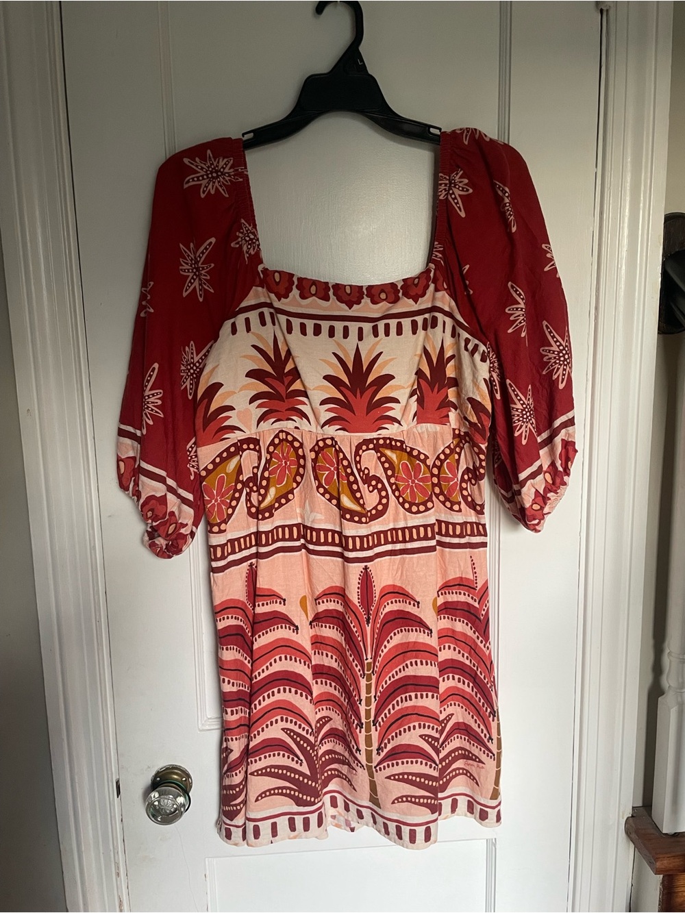 Farm Rio Red and Pink Square-Neck Mini Dress Size Medium